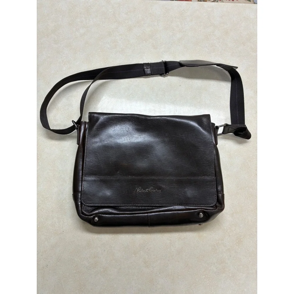 Robert Graham Brown Leather Messenger Bag Crossbody Mosaic Lining Mens LaptopBag